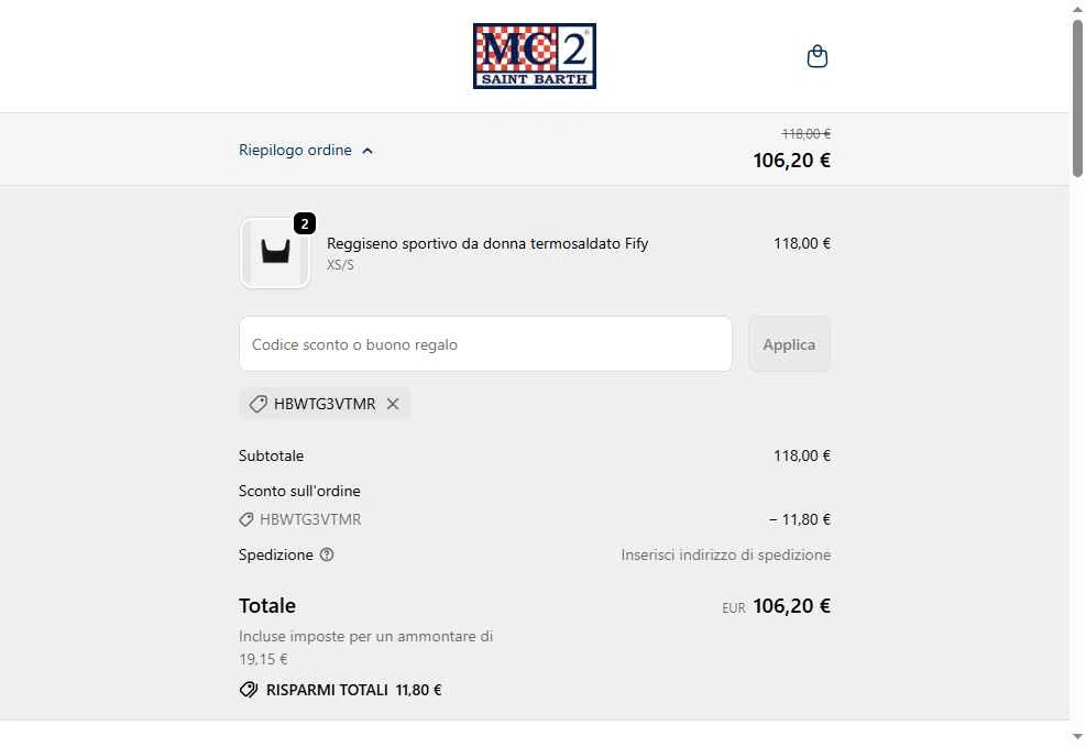 MC2 Saint Barth checkout page showing MC2 Saint Barth promo code box | Screenshot taken by SimplyCodes community member on Sep 19, 2025