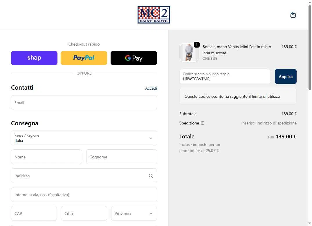 MC2 Saint Barth checkout page showing MC2 Saint Barth promo code box | Screenshot taken by SimplyCodes community member on Sep 28, 2025