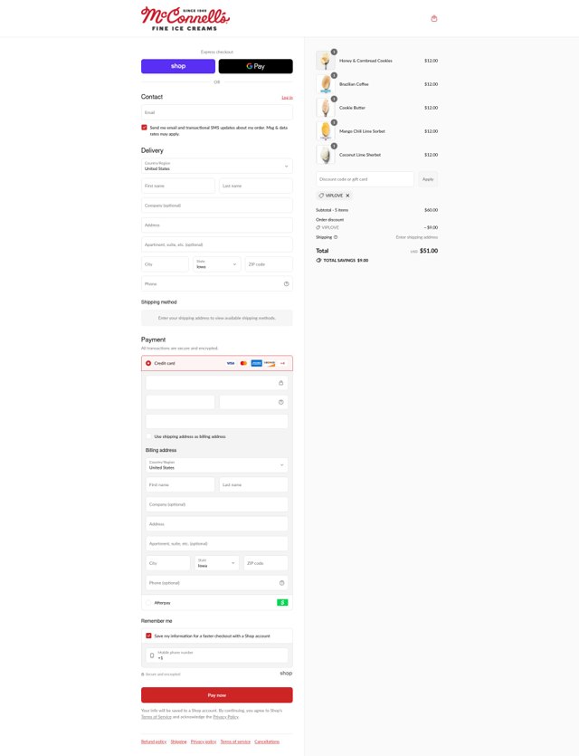 McConnell's Fine Ice Creams checkout page showing McConnell's Fine Ice Creams promo code box | Screenshot taken by SimplyCodes community member on Sep 4, 2025