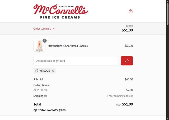 McConnell's Fine Ice Creams checkout page showing McConnell's Fine Ice Creams promo code box | Screenshot taken by SimplyCodes community member on Aug 31, 2025