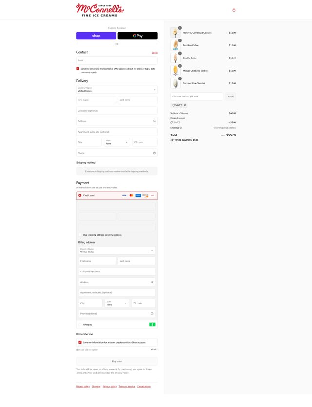 McConnell's Fine Ice Creams checkout page showing McConnell's Fine Ice Creams promo code box | Screenshot taken by SimplyCodes community member on Aug 31, 2025