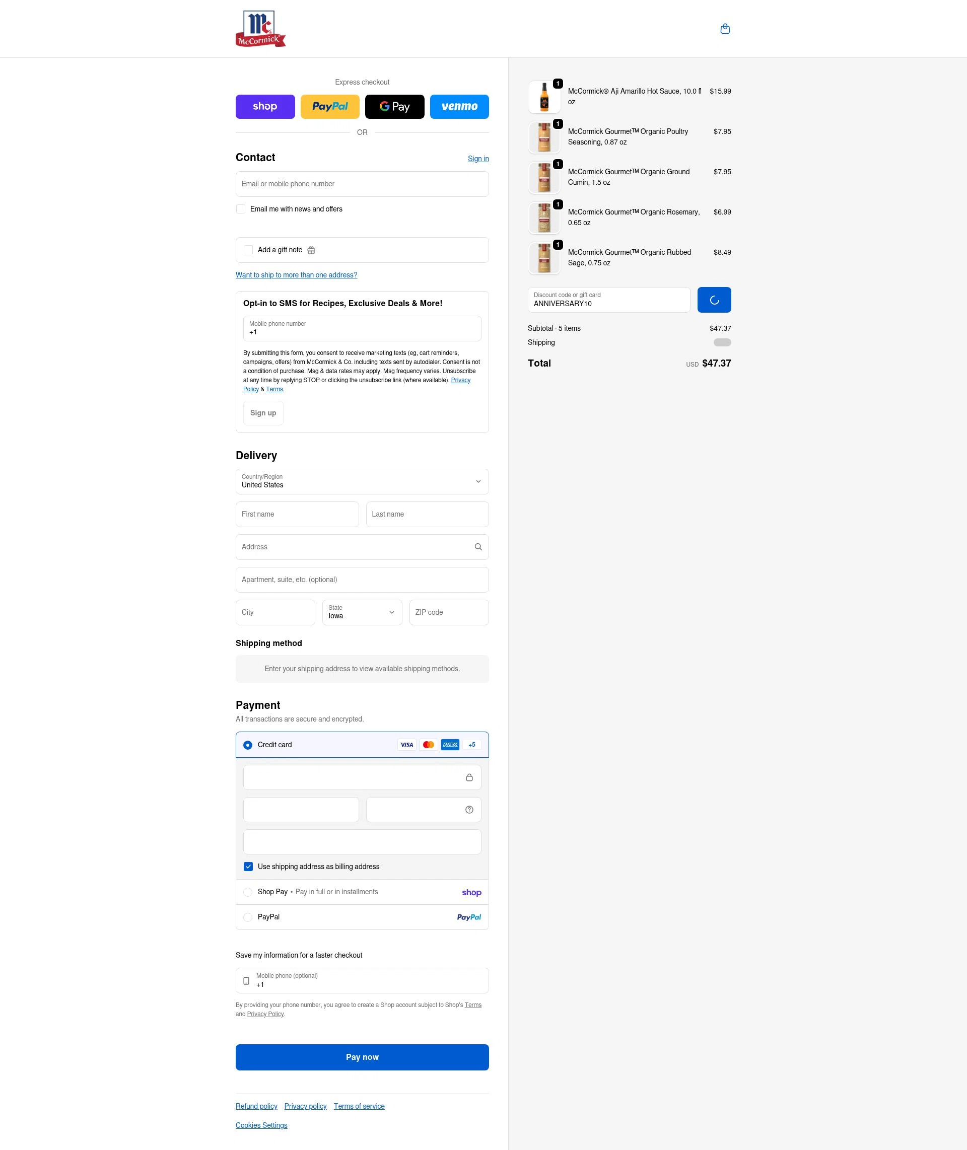 McCormick checkout page showing McCormick discount code box | Screenshot taken by SimplyCodes community member on Jan 31, 2026