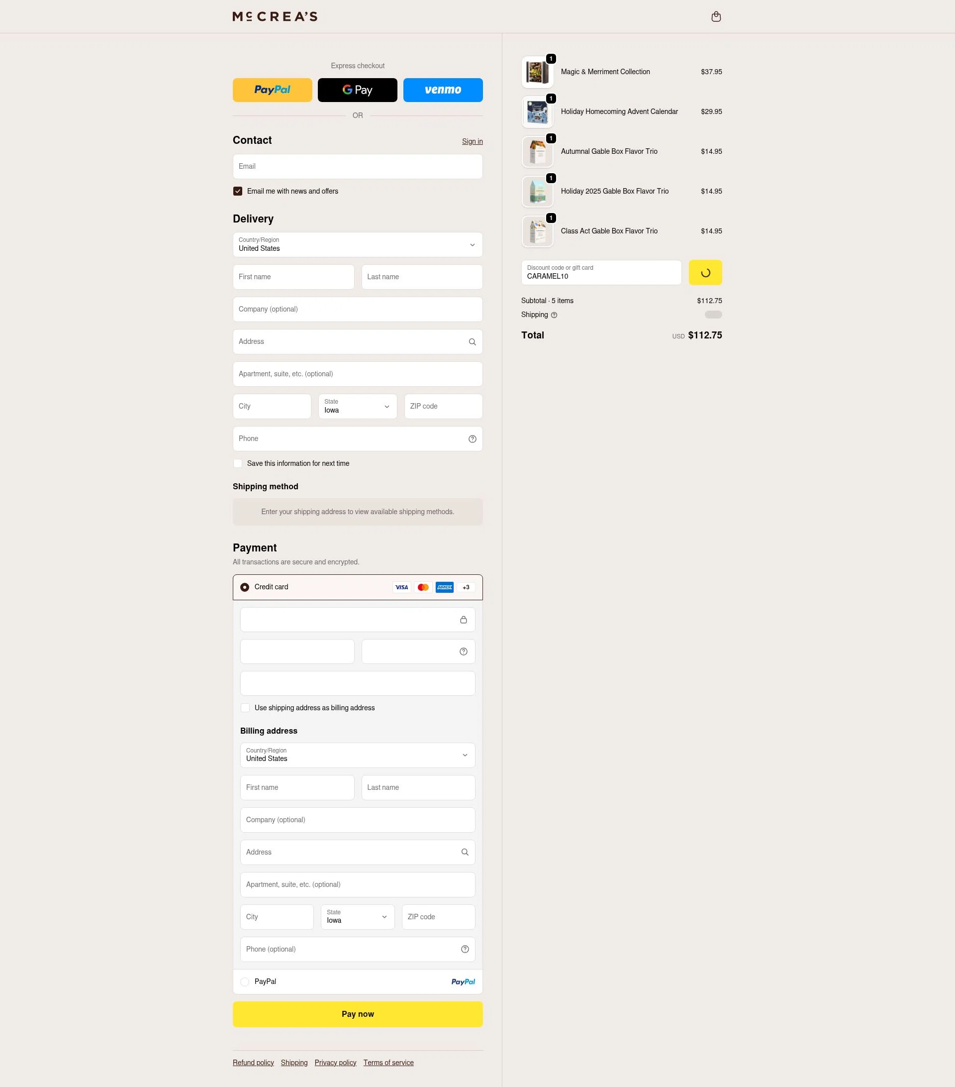 McCrea's Candies checkout page showing McCrea's Candies promo code box | Screenshot taken by SimplyCodes community member on Jan 2, 2026