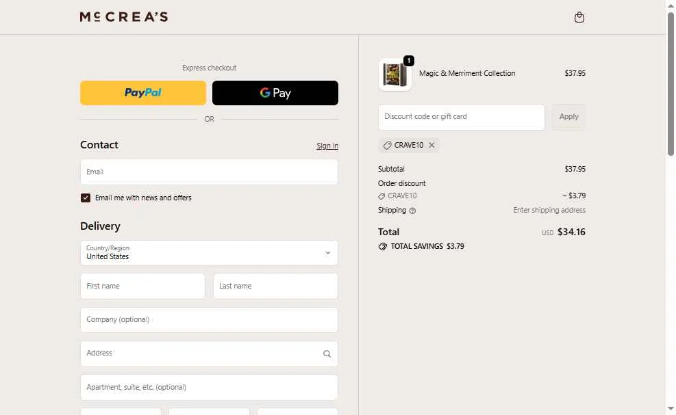McCrea's Candies checkout page showing McCrea's Candies promo code box | Screenshot taken by SimplyCodes community member on Jan 7, 2026