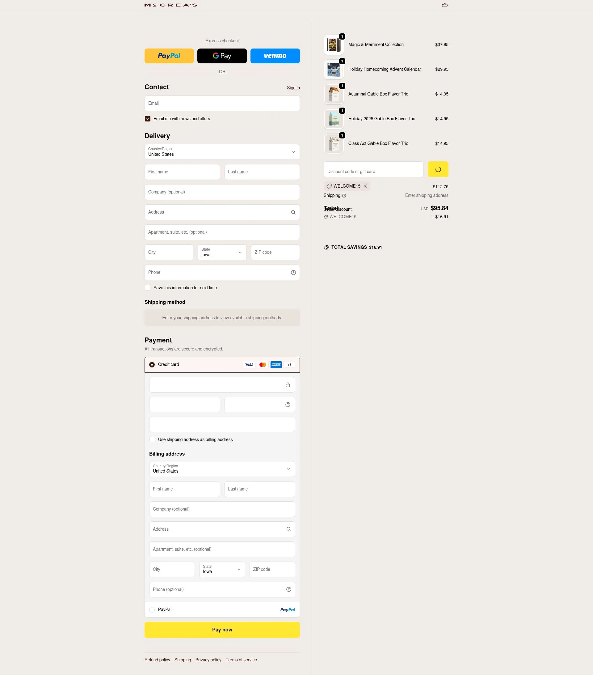 McCrea's Candies checkout page showing McCrea's Candies promo code box | Screenshot taken by SimplyCodes community member on Jan 2, 2026