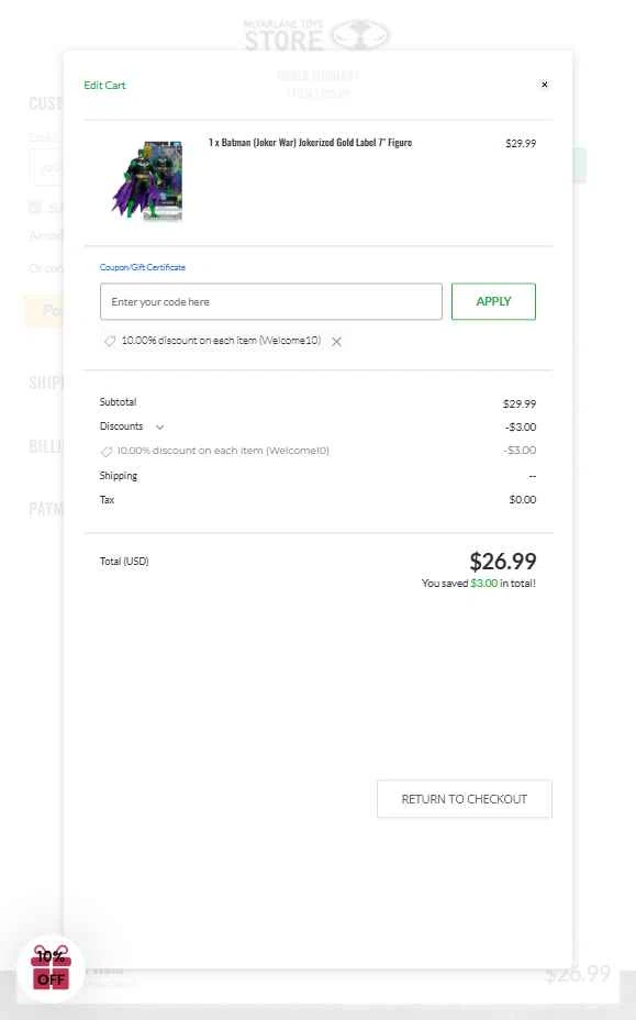McFarlane Toys Store checkout page showing McFarlane Toys Store promo code box | Screenshot taken by SimplyCodes community member on Feb 5, 2026