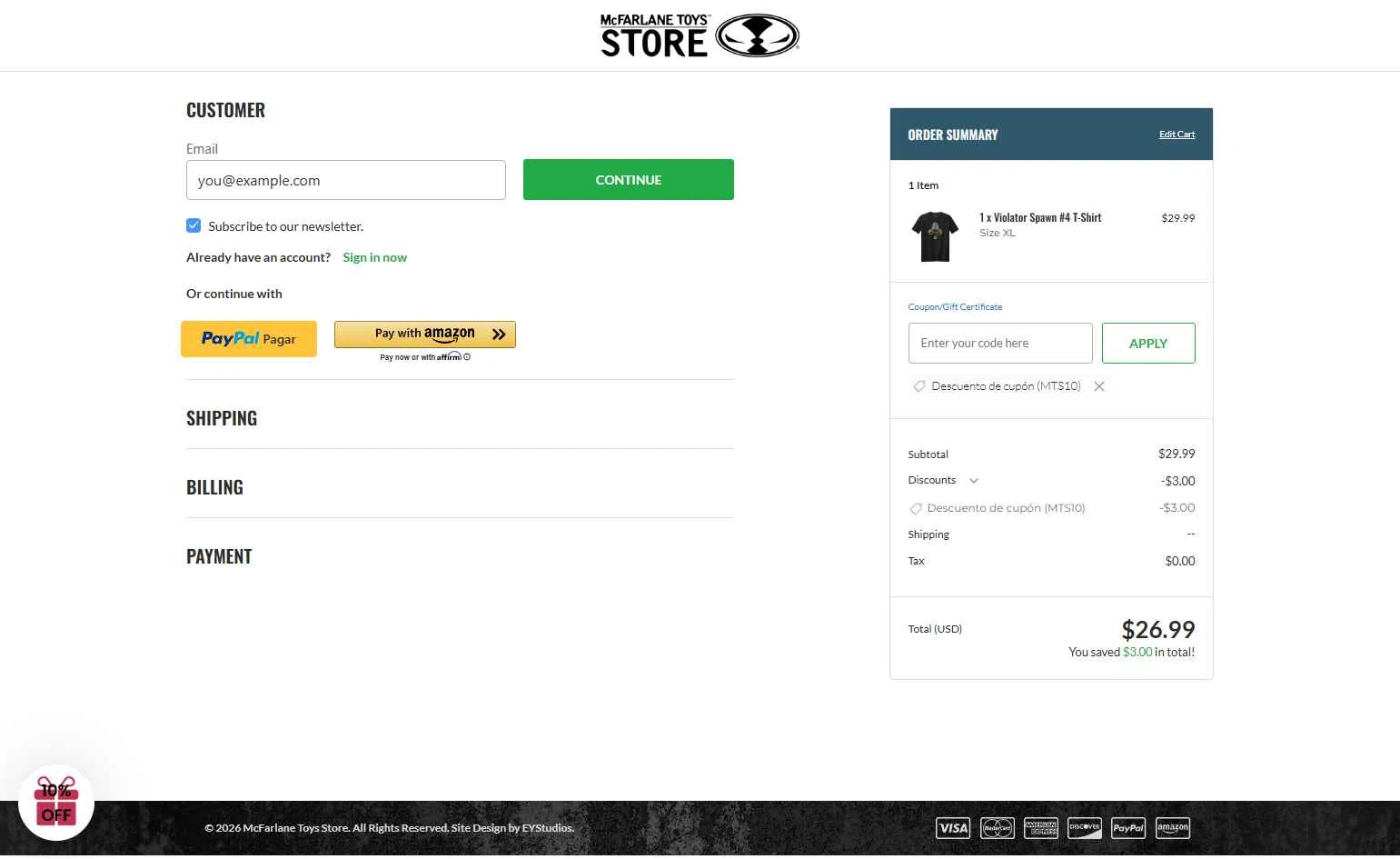 McFarlane Toys Store checkout page showing McFarlane Toys Store promo code box | Screenshot taken by SimplyCodes community member on Jan 31, 2026