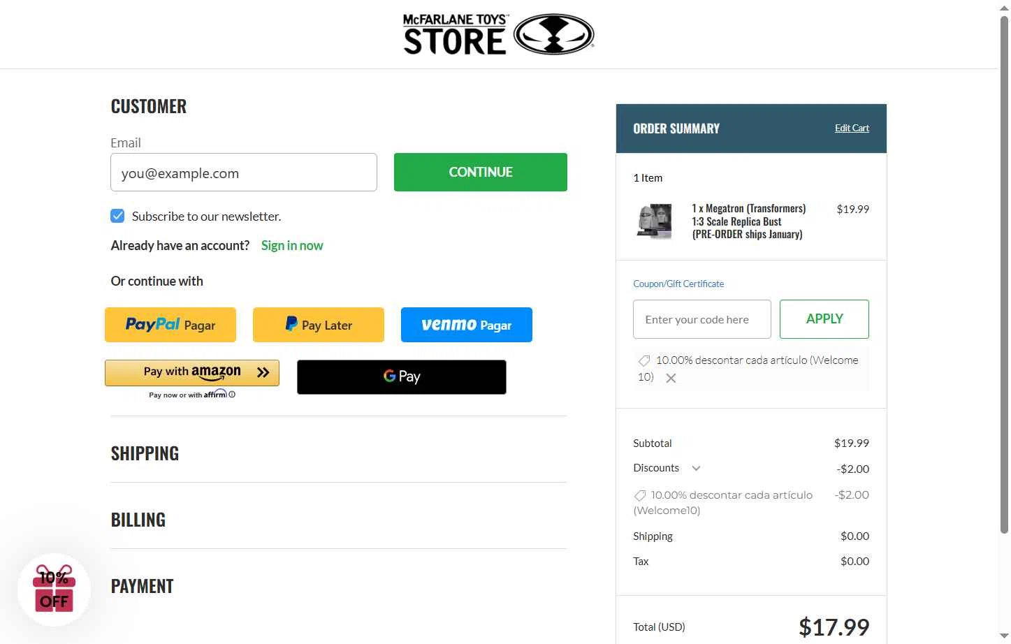 McFarlane Toys Store checkout page showing McFarlane Toys Store promo code box | Screenshot taken by SimplyCodes community member on Jan 6, 2026