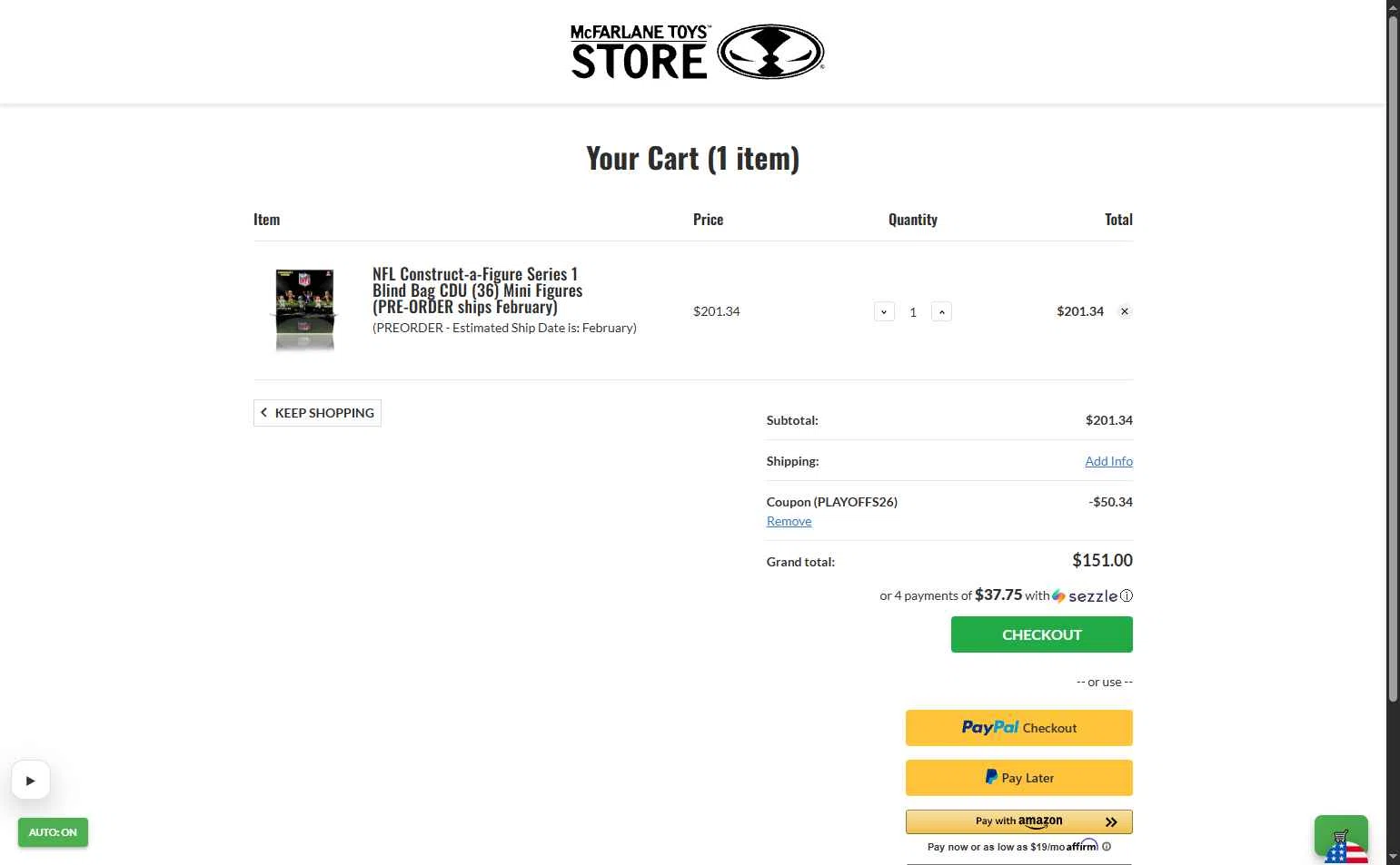 McFarlane Toys Store checkout page showing McFarlane Toys Store promo code box | Screenshot taken by SimplyCodes community member on Feb 5, 2026