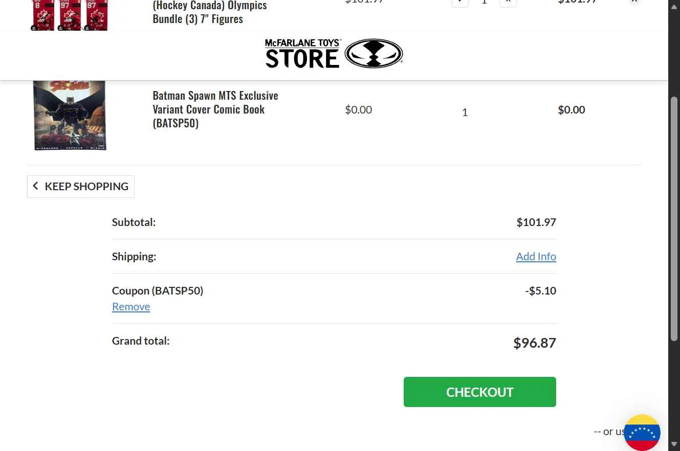 McFarlane Toys Store checkout page showing McFarlane Toys Store promo code box | Screenshot taken by SimplyCodes community member on Jan 31, 2026