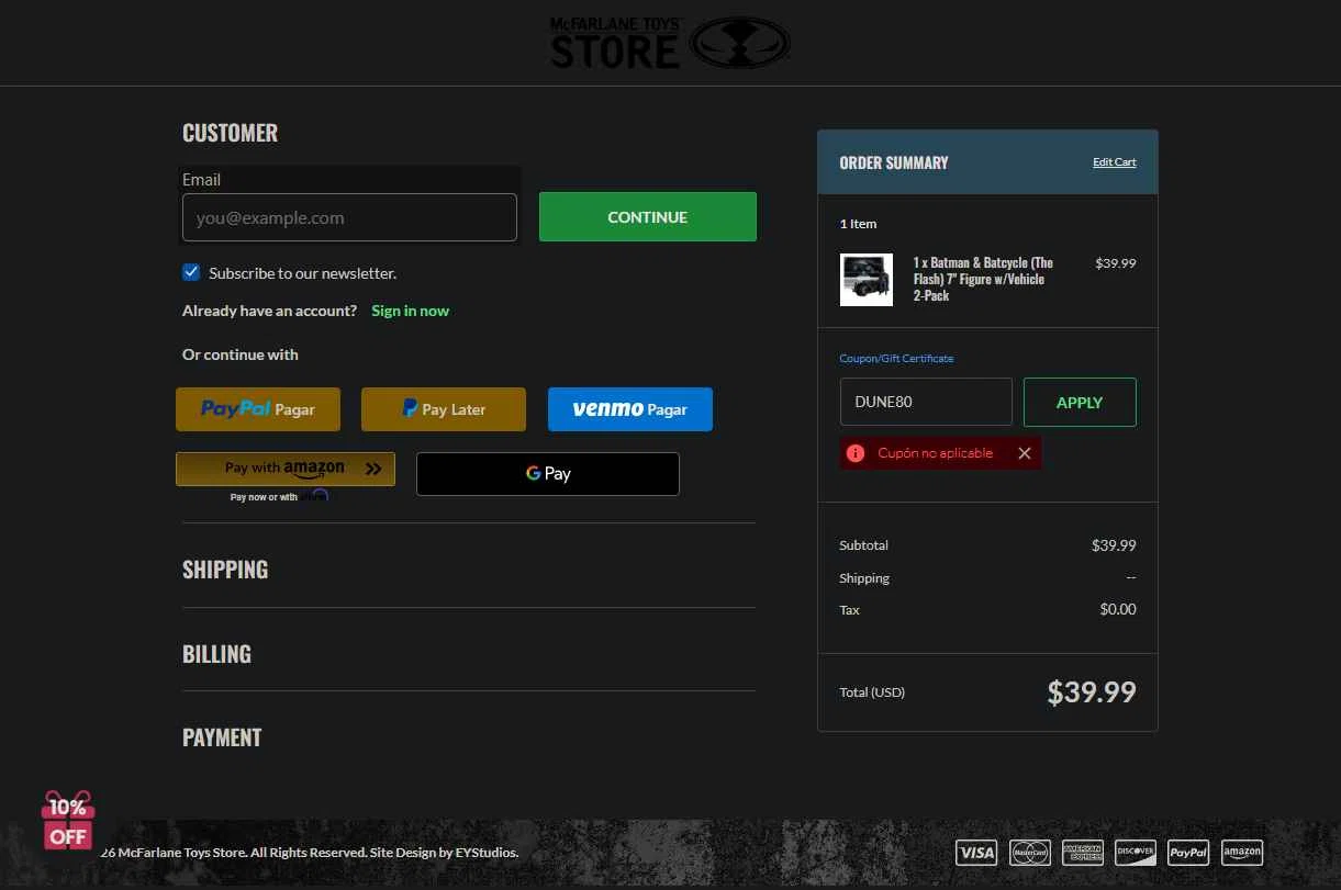 McFarlane Toys Store checkout page showing McFarlane Toys Store promo code box | Screenshot taken by SimplyCodes community member on Feb 5, 2026