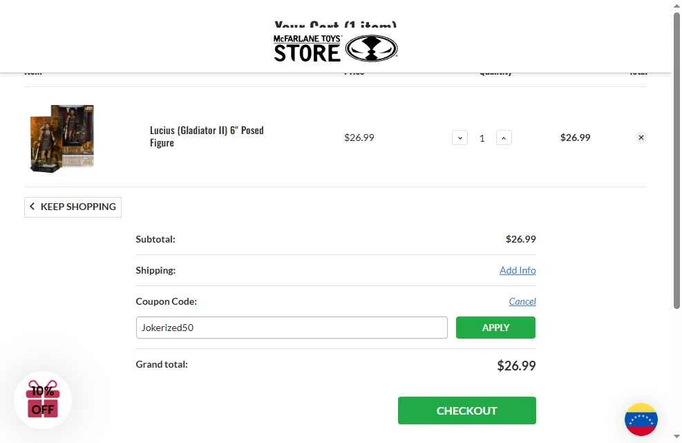 McFarlane Toys Store checkout page showing McFarlane Toys Store promo code box | Screenshot taken by SimplyCodes community member on Feb 1, 2026