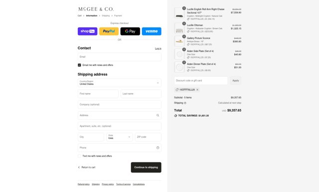 McGee & Co checkout page showing McGee & Co coupon code box | Screenshot taken by SimplyCodes community member on Aug 25, 2025