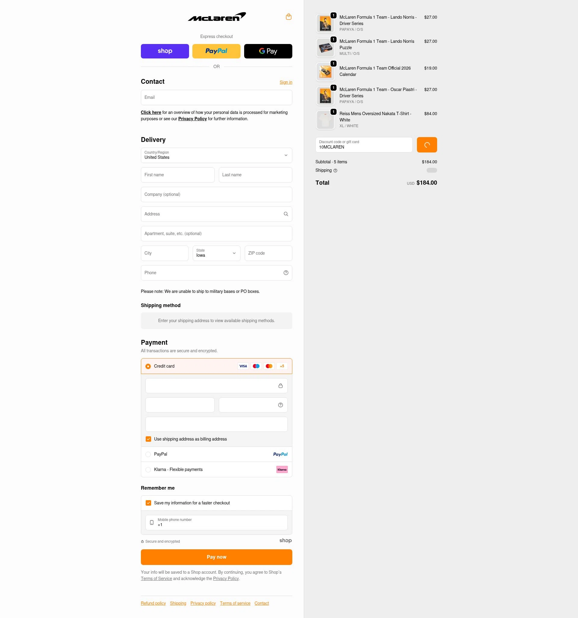 McLaren Store checkout page showing McLaren Store discount code box | Screenshot taken by SimplyCodes community member on Dec 16, 2025