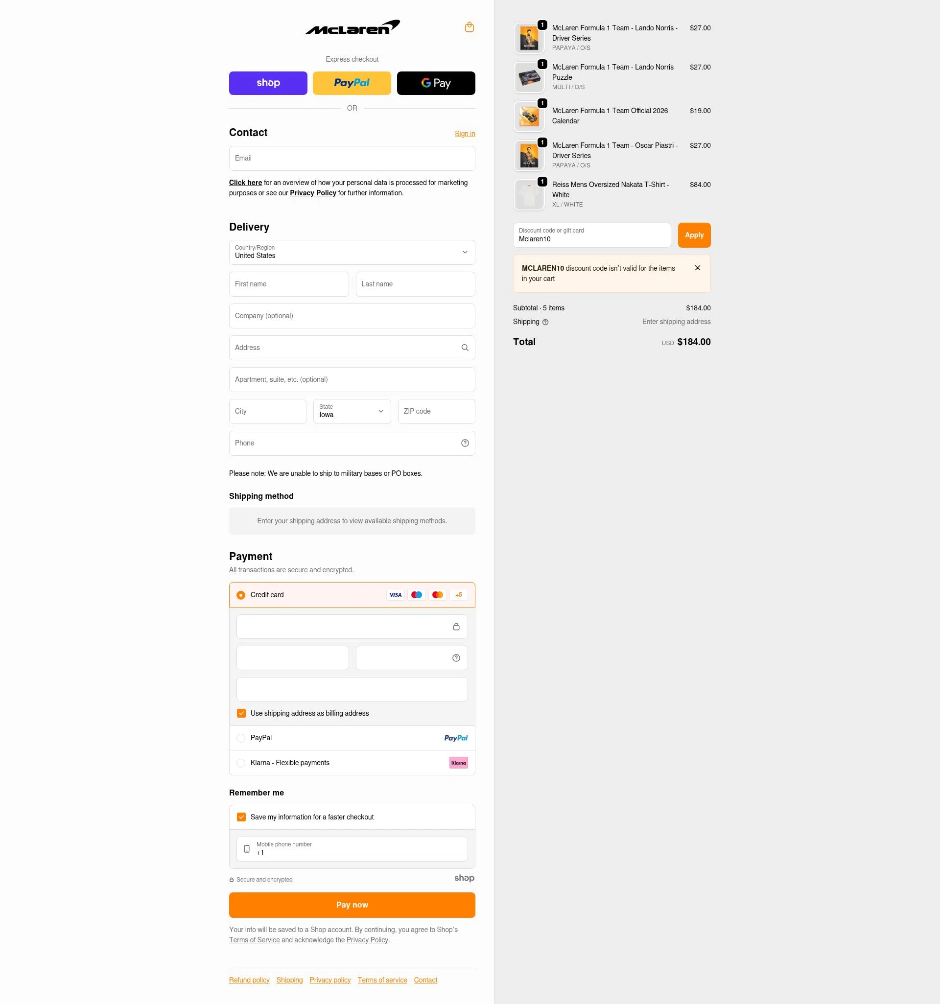 McLaren Store checkout page showing McLaren Store discount code box | Screenshot taken by SimplyCodes community member on Dec 16, 2025