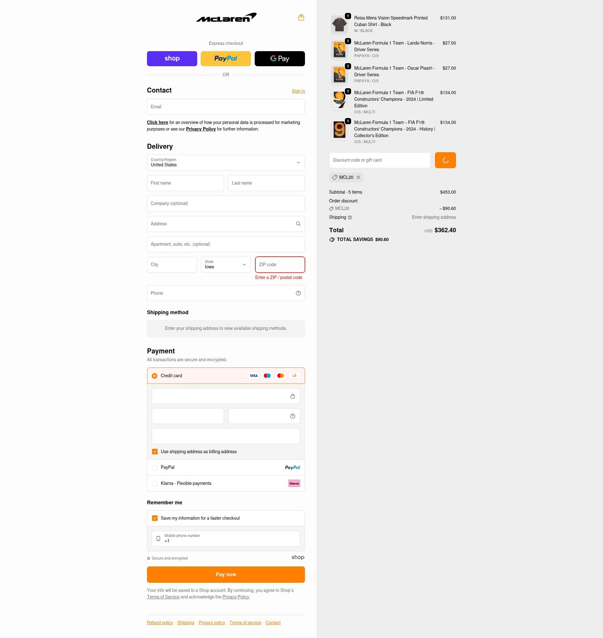 McLaren Store checkout page showing McLaren Store discount code box | Screenshot taken by SimplyCodes community member on Dec 28, 2025