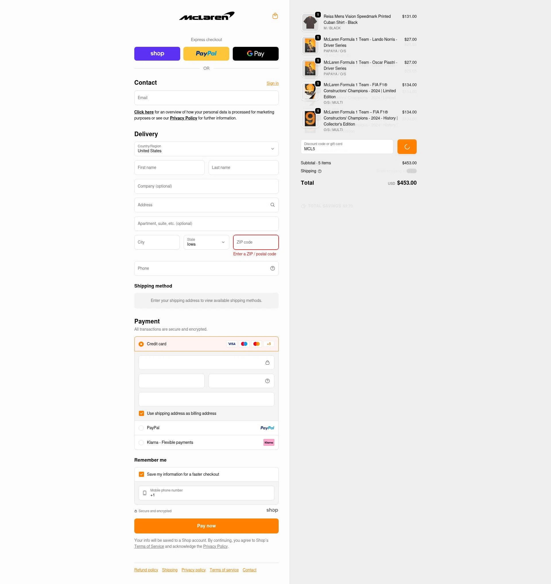 McLaren Store checkout page showing McLaren Store discount code box | Screenshot taken by SimplyCodes community member on Dec 28, 2025