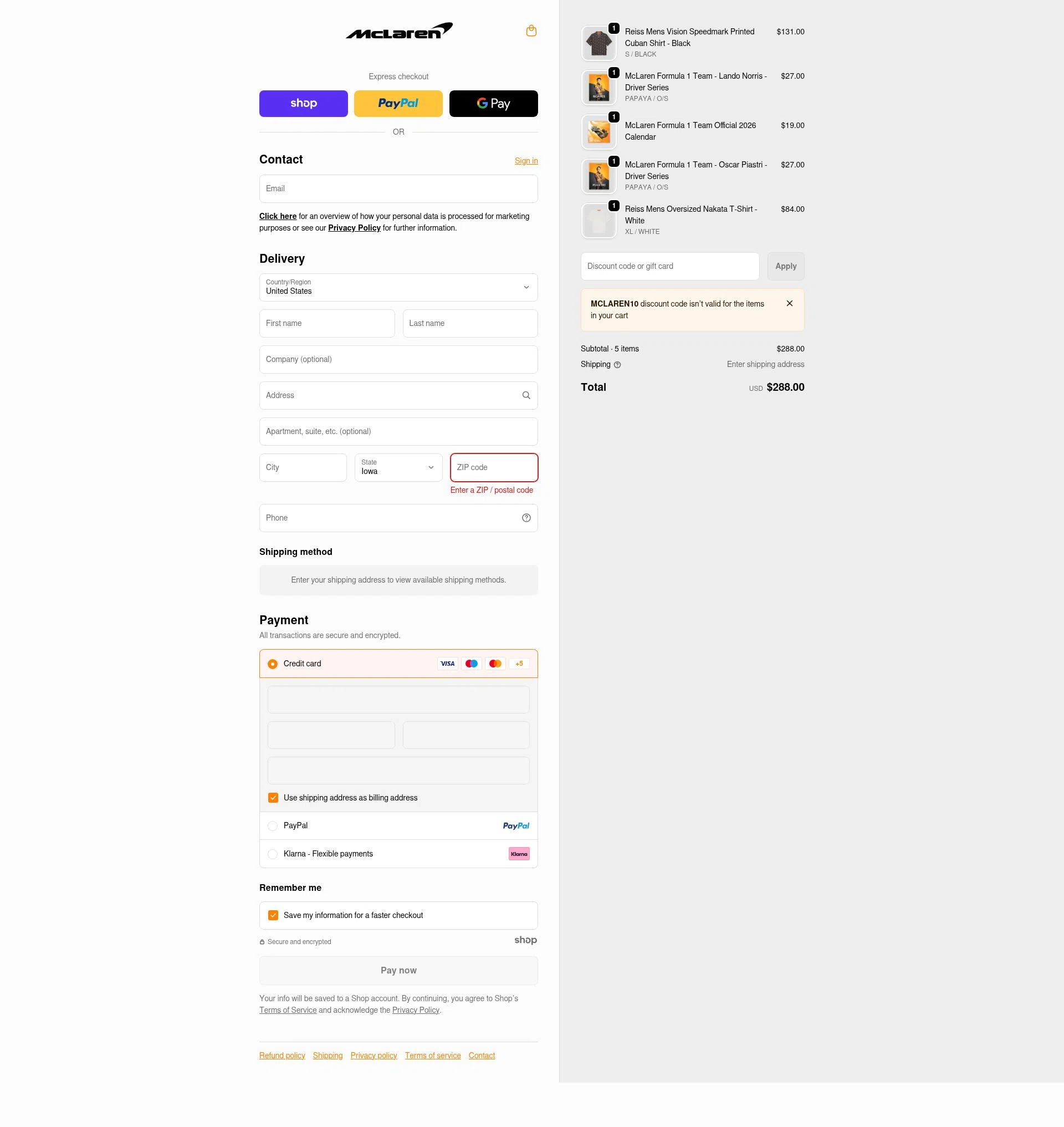 McLaren Store checkout page showing McLaren Store discount code box | Screenshot taken by SimplyCodes community member on Dec 23, 2025