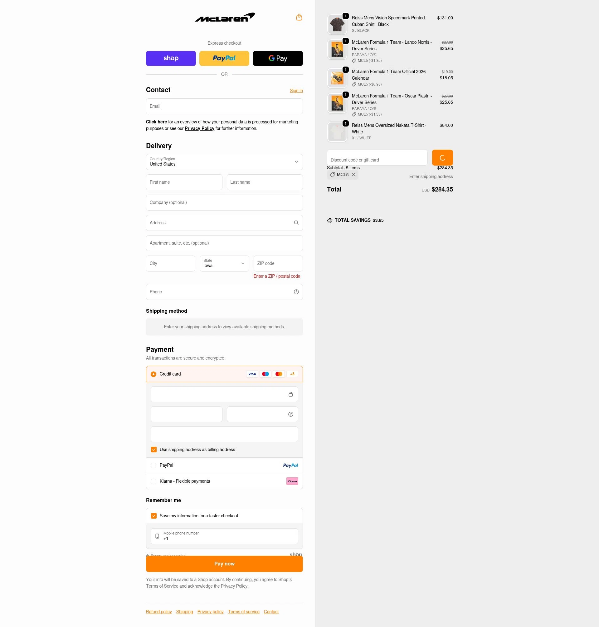 McLaren Store checkout page showing McLaren Store discount code box | Screenshot taken by SimplyCodes community member on Dec 23, 2025