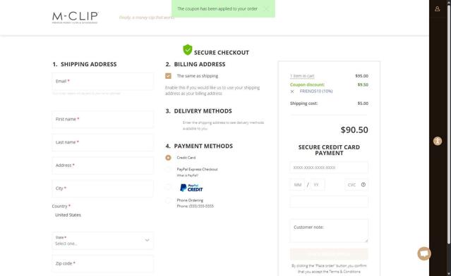 M-Clip checkout page showing M-Clip promo code box | Screenshot taken by SimplyCodes community member on Sep 5, 2025