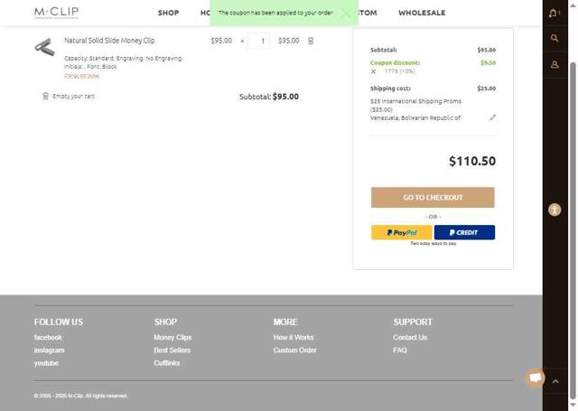 M-Clip checkout page showing M-Clip promo code box | Screenshot taken by SimplyCodes community member on Aug 14, 2025