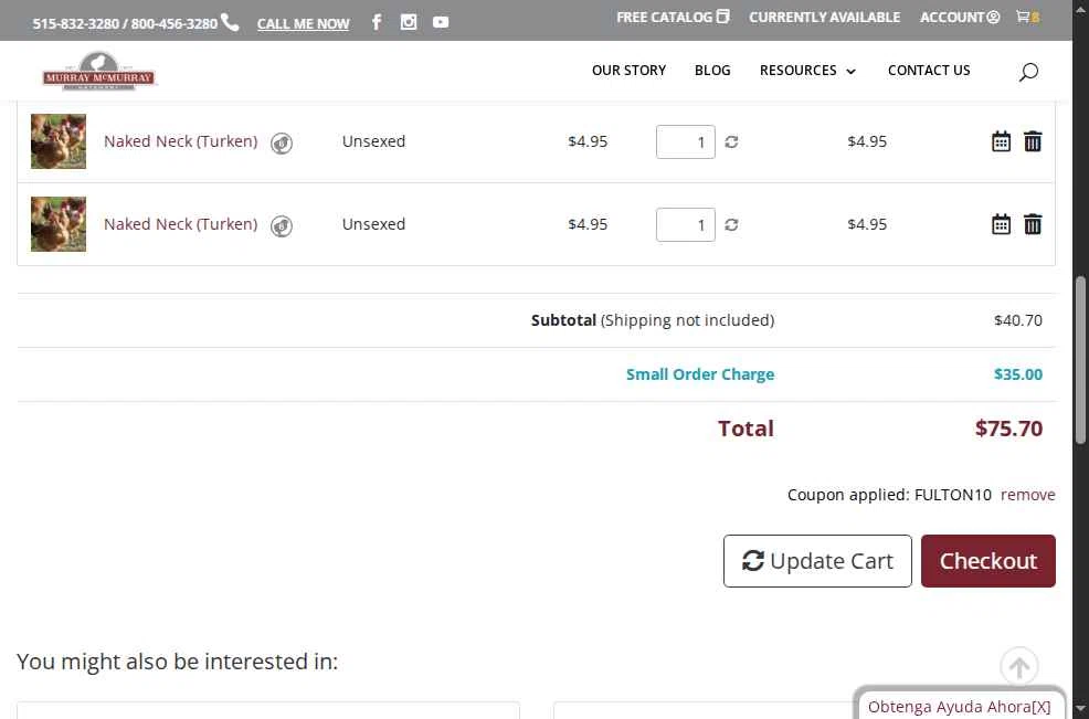 Murray McMurray Hatchery checkout page showing Murray McMurray Hatchery coupon code box | Screenshot taken by SimplyCodes community member on Sep 25, 2025