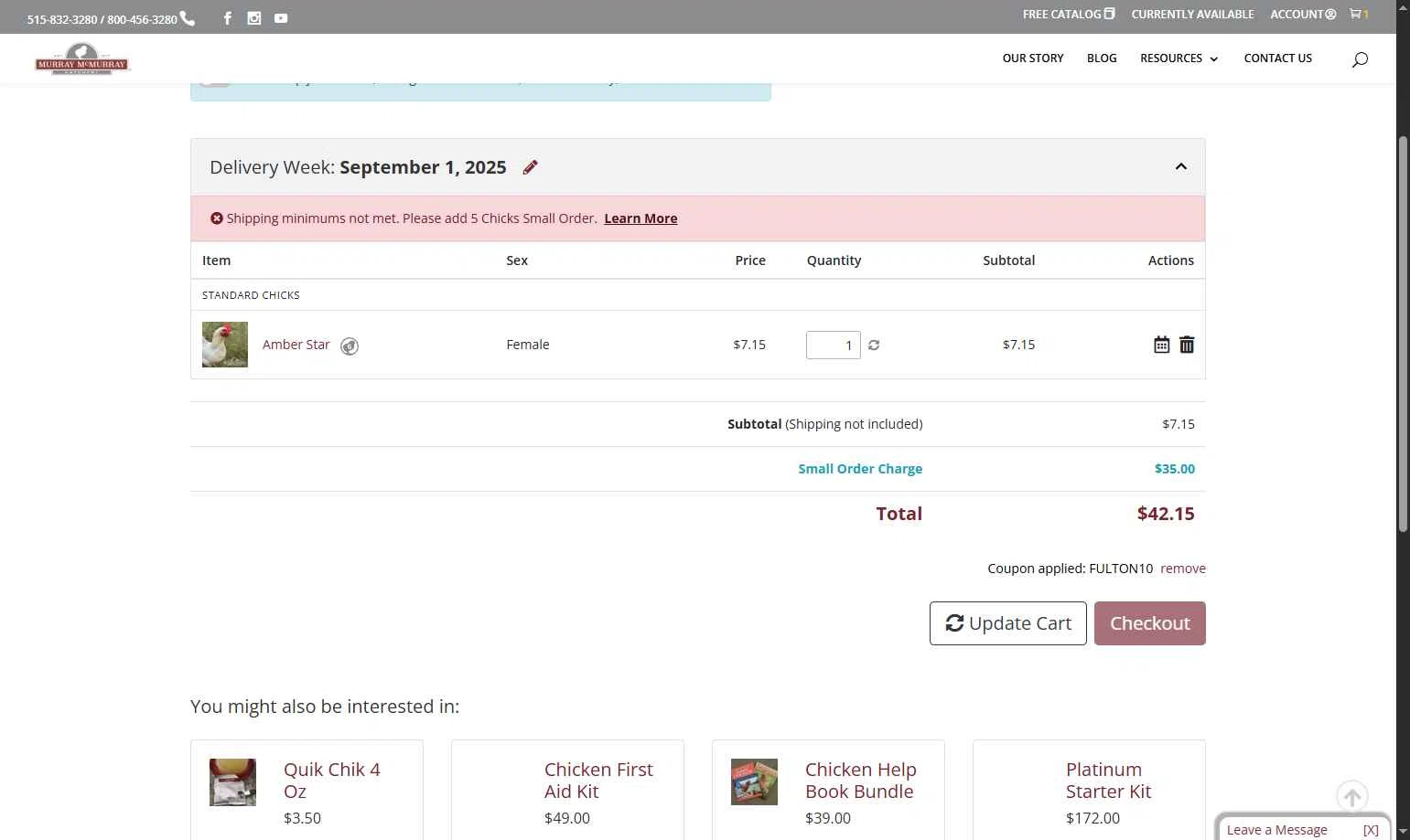 Murray McMurray Hatchery checkout page showing Murray McMurray Hatchery coupon code box | Screenshot taken by SimplyCodes community member on Aug 20, 2025