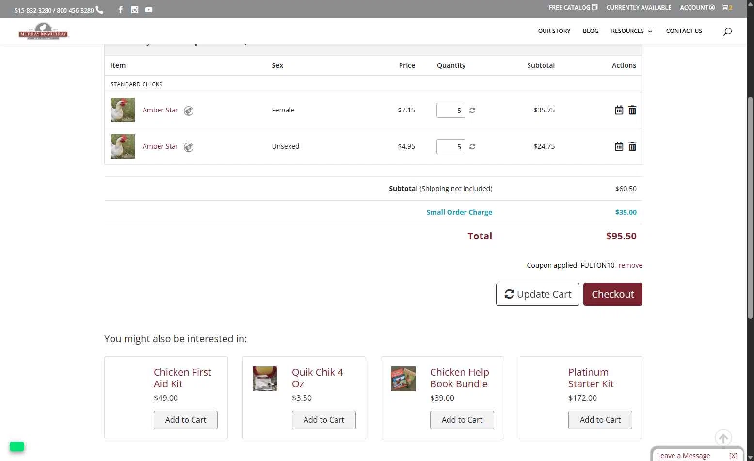 Murray McMurray Hatchery checkout page showing Murray McMurray Hatchery coupon code box | Screenshot taken by SimplyCodes community member on Aug 17, 2025