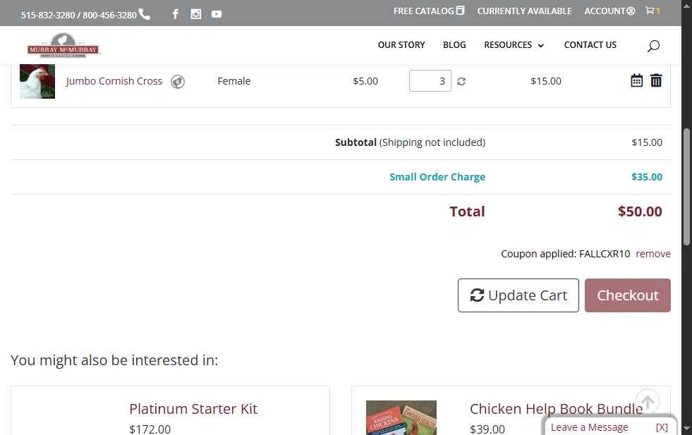 Murray McMurray Hatchery checkout page showing Murray McMurray Hatchery coupon code box | Screenshot taken by SimplyCodes community member on Sep 26, 2025