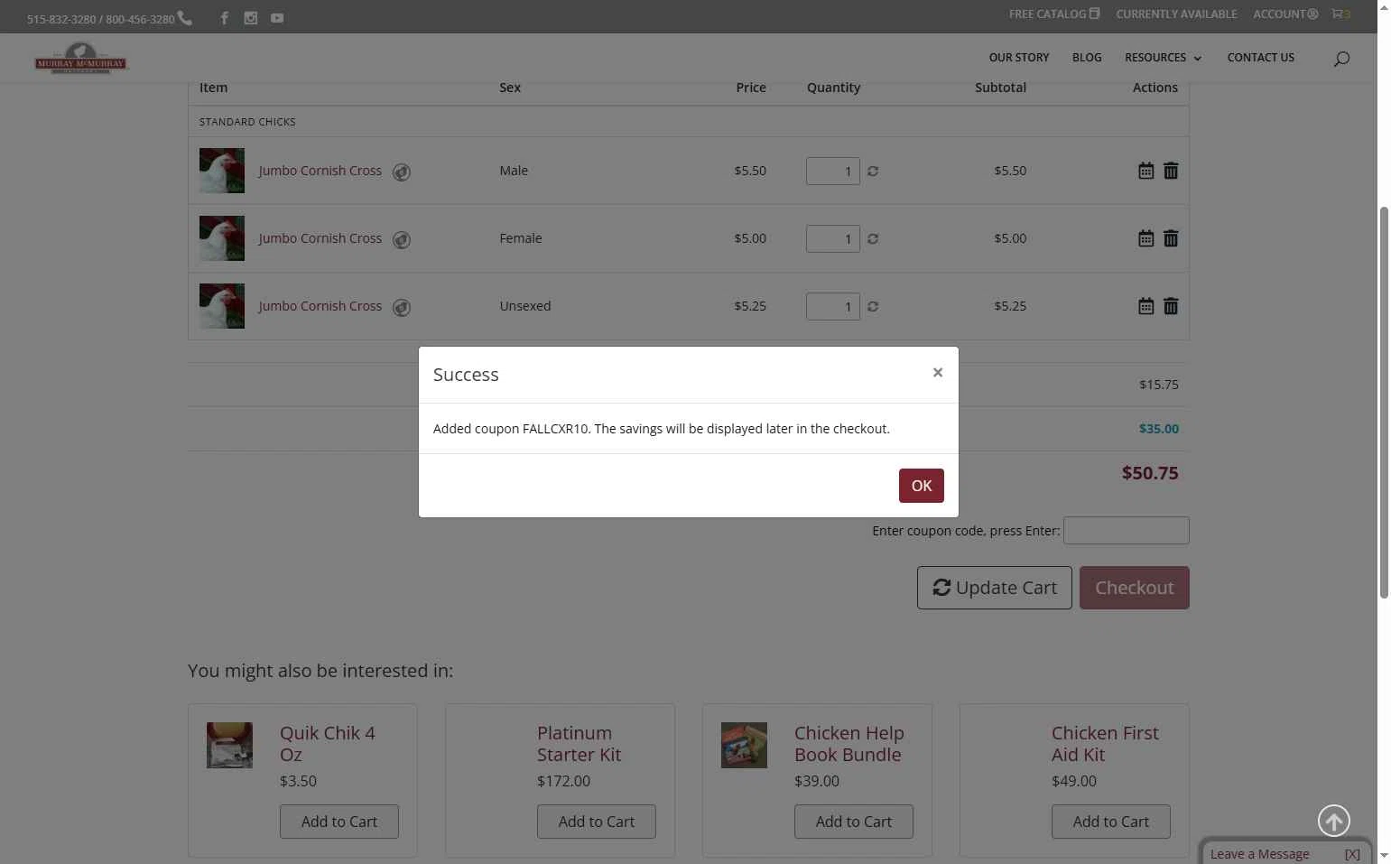 Murray McMurray Hatchery checkout page showing Murray McMurray Hatchery coupon code box | Screenshot taken by SimplyCodes community member on Sep 26, 2025