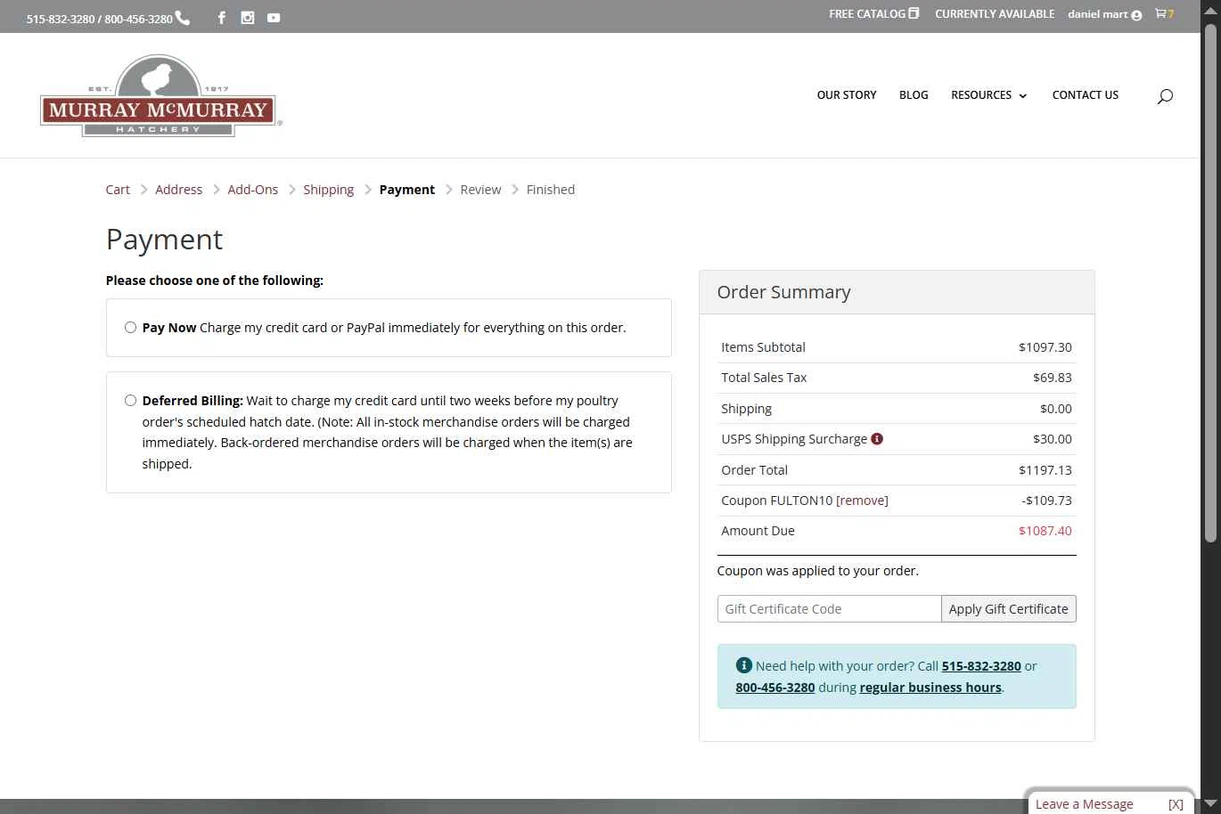 Murray McMurray Hatchery checkout page showing Murray McMurray Hatchery coupon code box | Screenshot taken by SimplyCodes community member on Sep 18, 2025