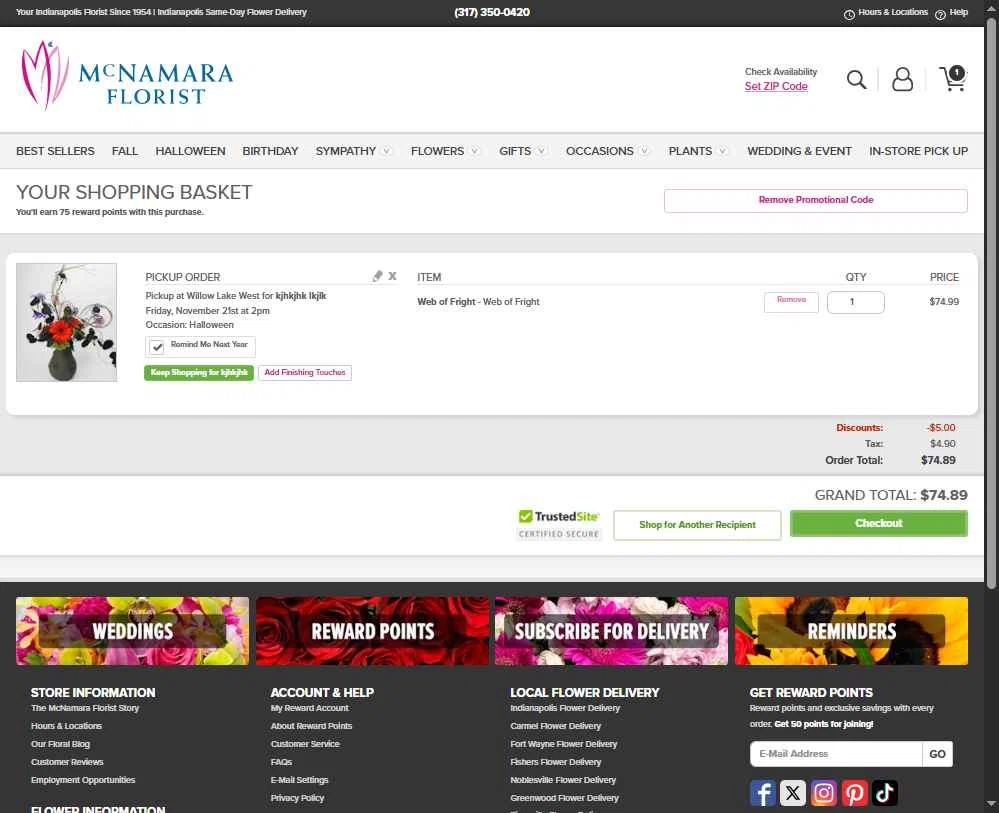 McNamara Florist checkout page showing McNamara Florist promo code box | Screenshot taken by SimplyCodes community member on Oct 24, 2025