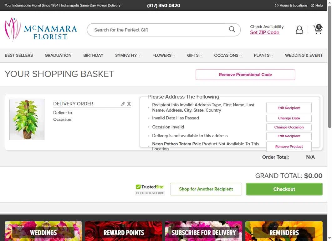 McNamara Florist checkout page showing McNamara Florist promo code box | Screenshot taken by SimplyCodes community member on Jun 9, 2025