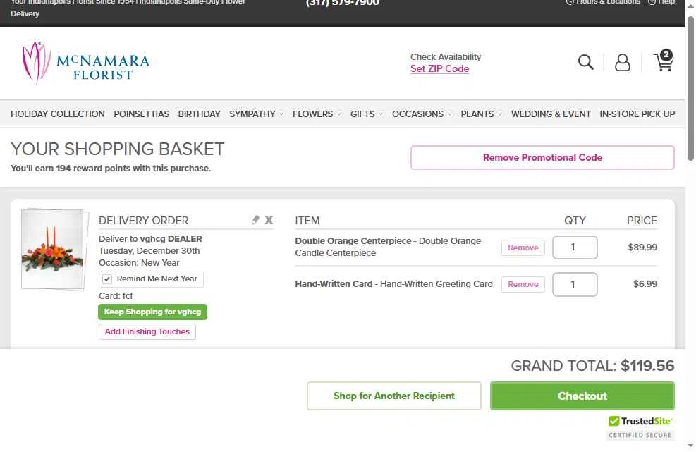 McNamara Florist checkout page showing McNamara Florist promo code box | Screenshot taken by SimplyCodes community member on Dec 23, 2025