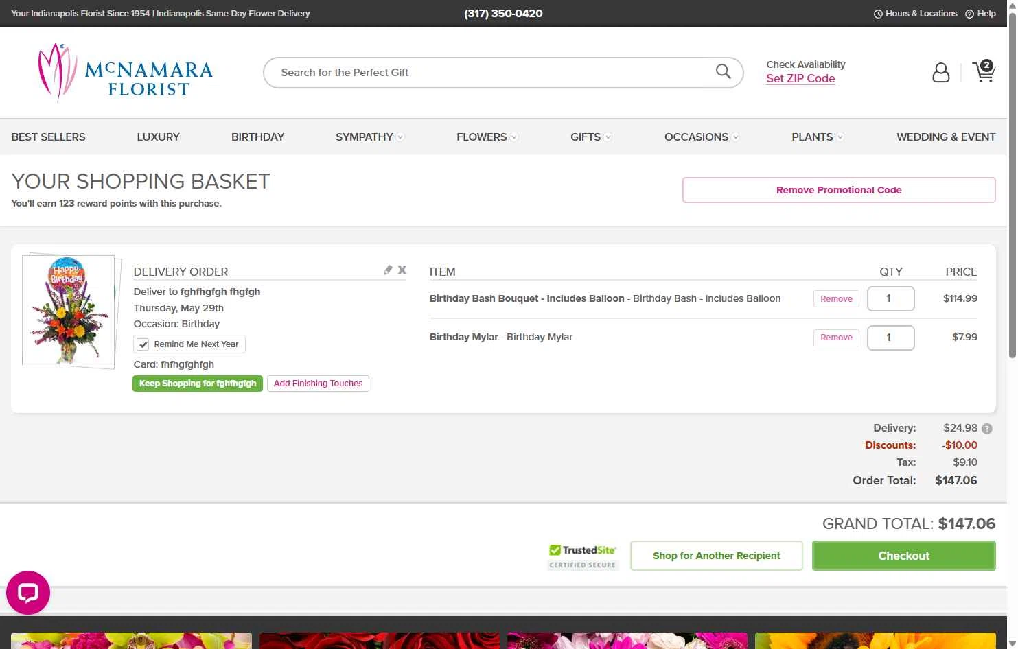 McNamara Florist checkout page showing McNamara Florist promo code box | Screenshot taken by SimplyCodes community member on May 29, 2025