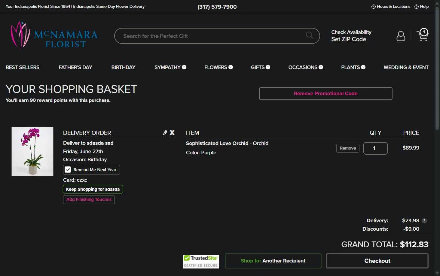 McNamara Florist checkout page showing McNamara Florist promo code box | Screenshot taken by SimplyCodes community member on Jun 12, 2025