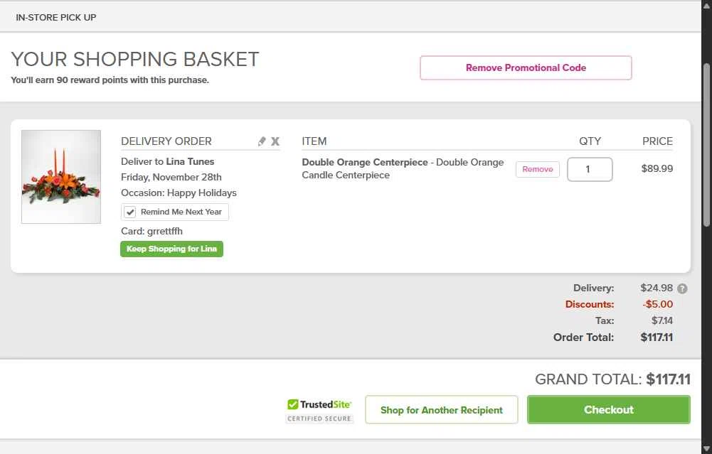 McNamara Florist checkout page showing McNamara Florist promo code box | Screenshot taken by SimplyCodes community member on Nov 24, 2025