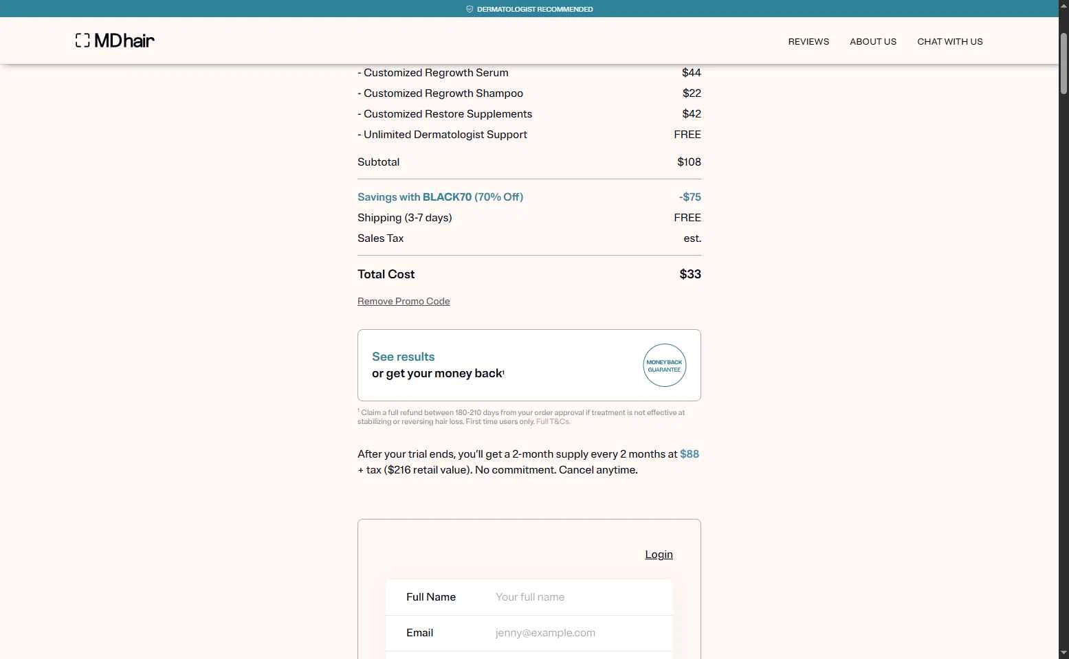 MDhair checkout page showing MDhair promo code box | Screenshot taken by SimplyCodes community member on Feb 5, 2026