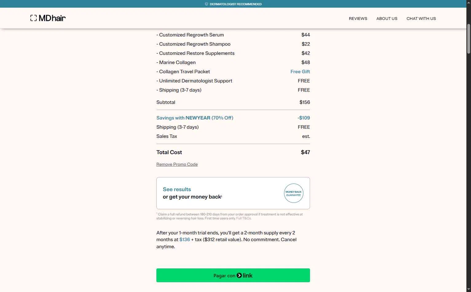 MDhair checkout page showing MDhair promo code box | Screenshot taken by SimplyCodes community member on Jan 30, 2026