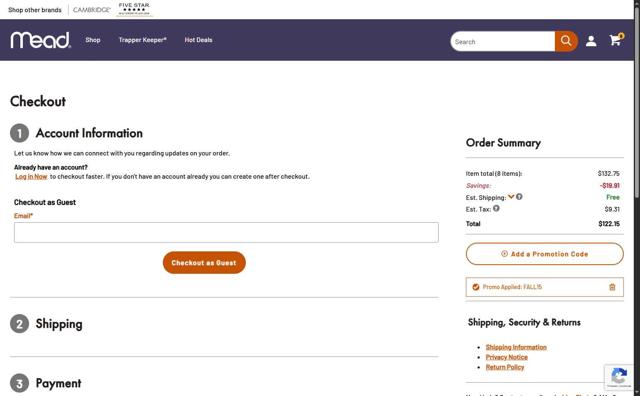 Mead checkout page showing Mead promo code box | Screenshot taken by SimplyCodes community member on Sep 15, 2025