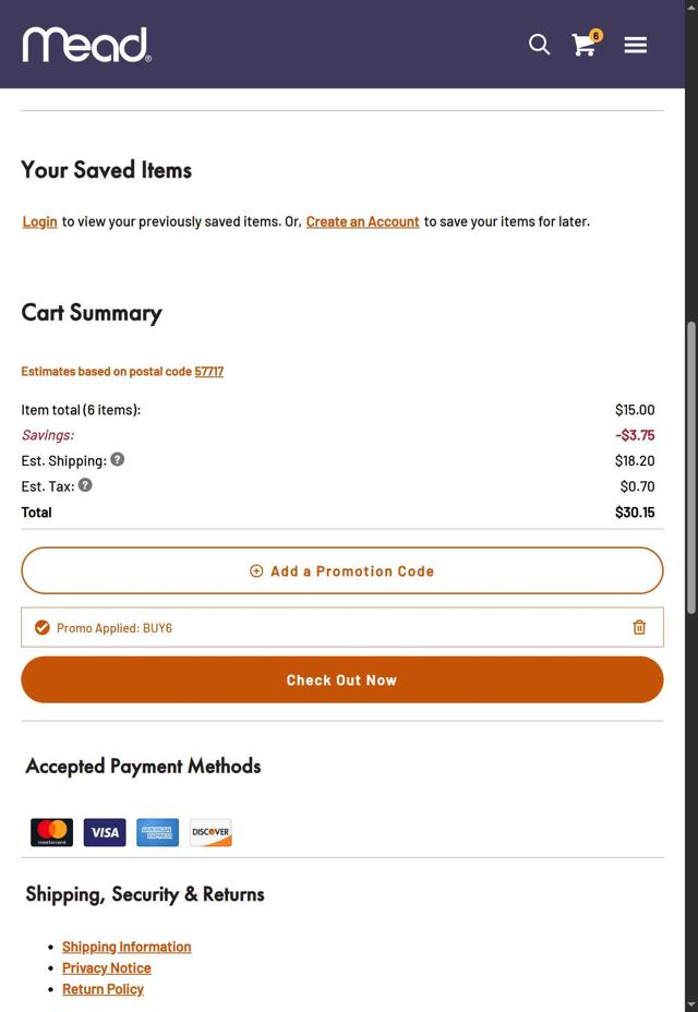 Mead checkout page showing Mead promo code box | Screenshot taken by SimplyCodes community member on Aug 12, 2025