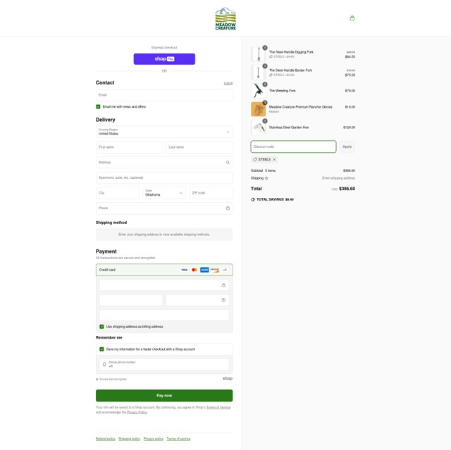 Meadow Creature checkout page showing Meadow Creature discount code box | Screenshot taken by SimplyCodes community member on Jun 18, 2025