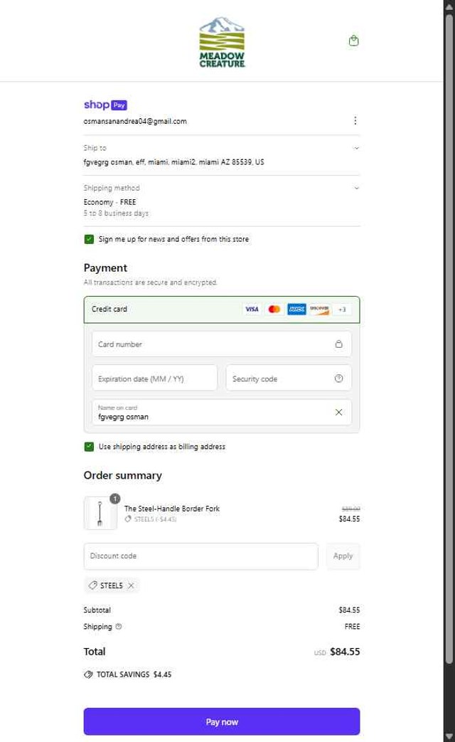 Meadow Creature checkout page showing Meadow Creature discount code box | Screenshot taken by SimplyCodes community member on May 27, 2025