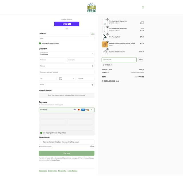 Meadow Creature checkout page showing Meadow Creature discount code box | Screenshot taken by SimplyCodes community member on Jun 15, 2025