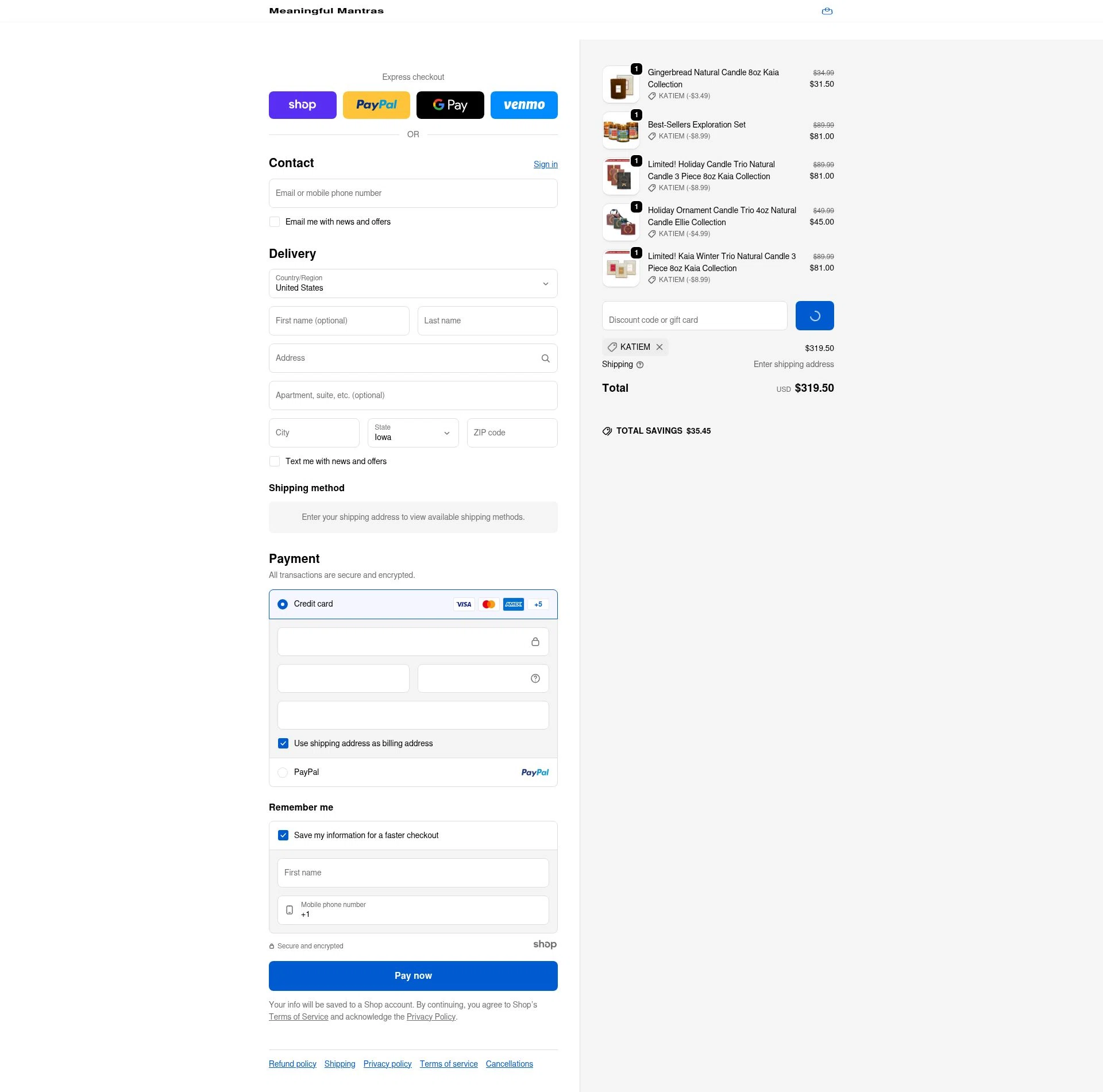 Meaningful Mantras checkout page showing Meaningful Mantras promo code box | Screenshot taken by SimplyCodes community member on Jan 3, 2026