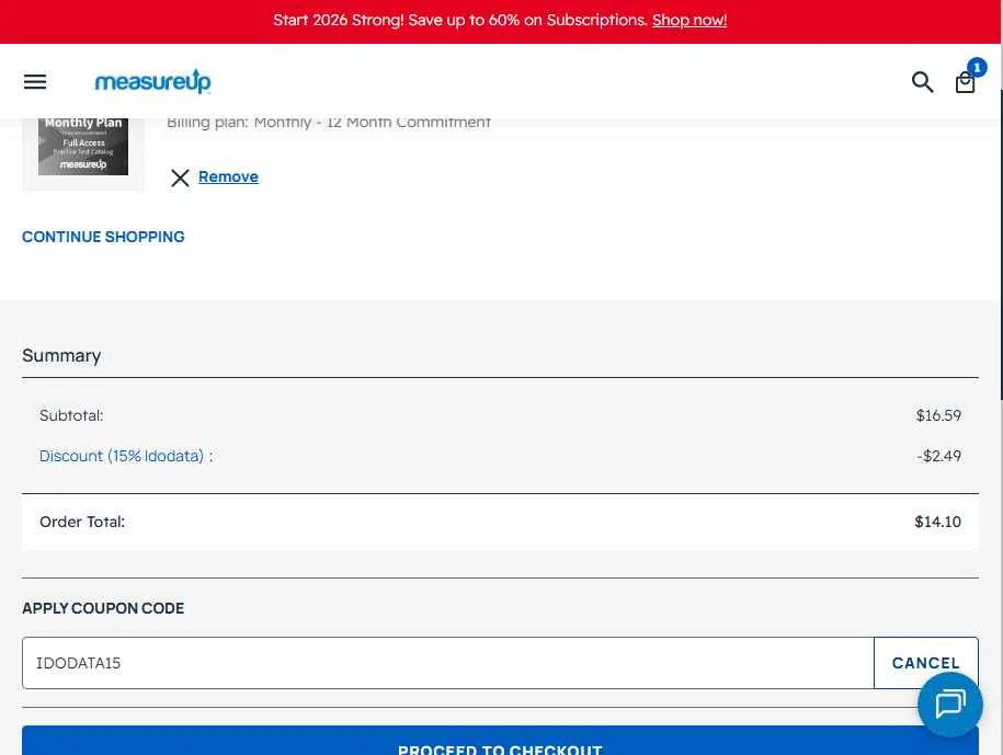 MeasureUp checkout page showing MeasureUp coupon code box | Screenshot taken by SimplyCodes community member on Dec 28, 2025
