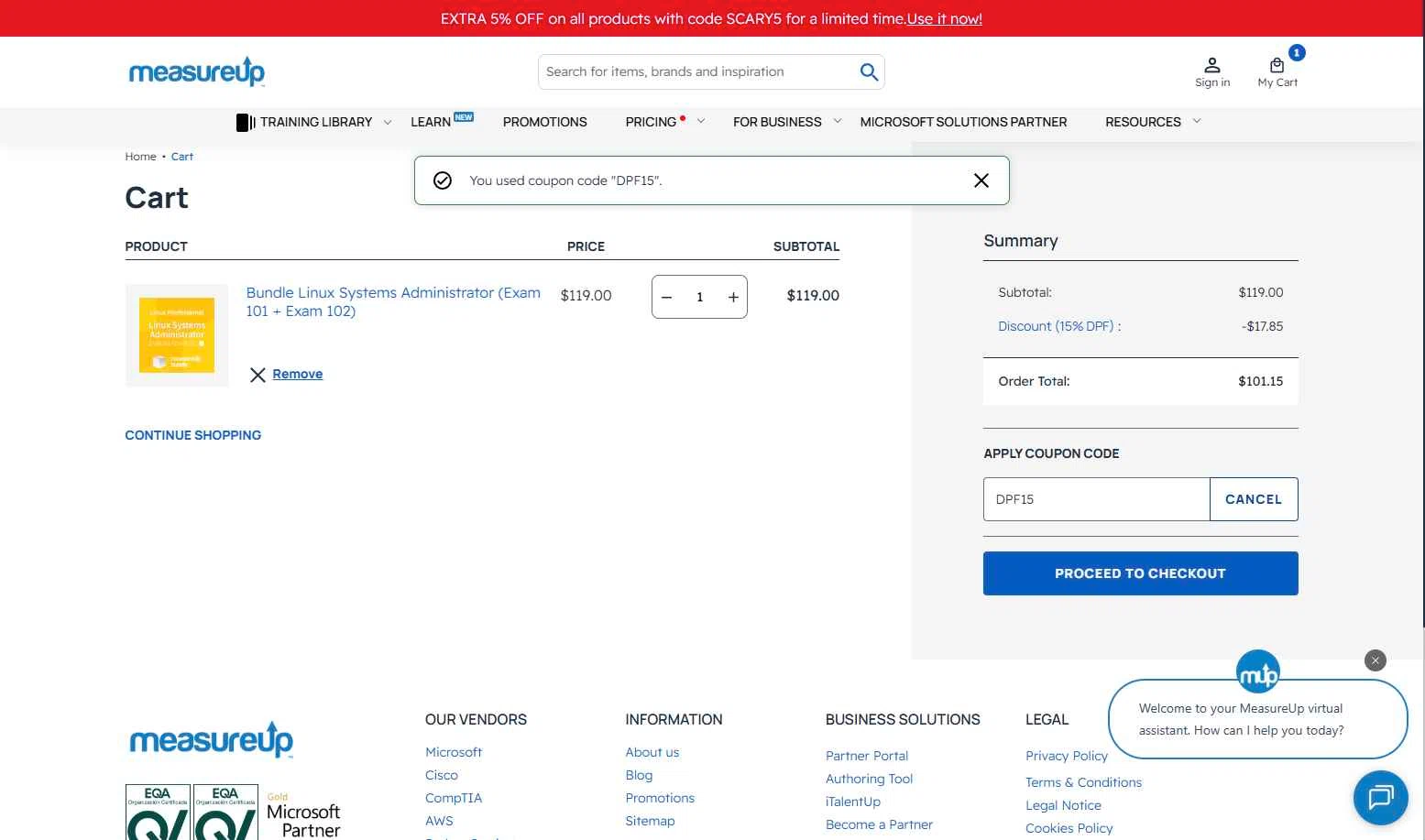 MeasureUp checkout page showing MeasureUp coupon code box | Screenshot taken by SimplyCodes community member on Nov 3, 2025