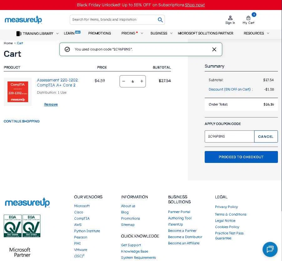 MeasureUp checkout page showing MeasureUp coupon code box | Screenshot taken by SimplyCodes community member on Nov 26, 2025