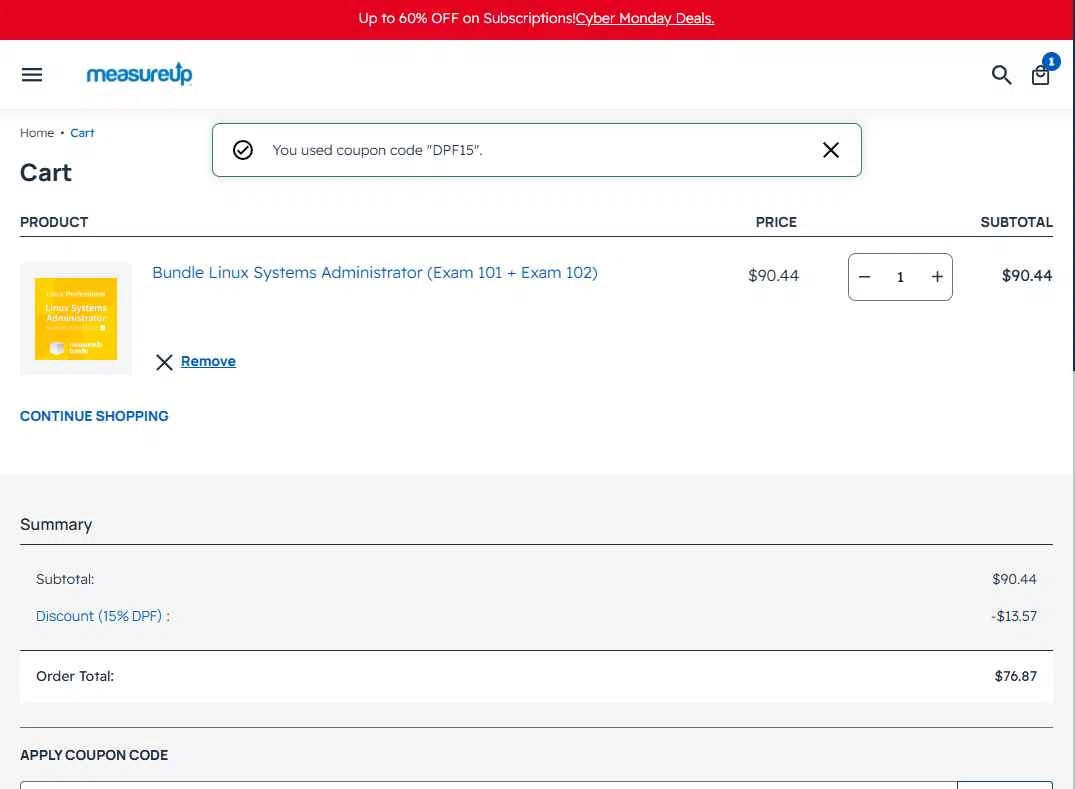 MeasureUp checkout page showing MeasureUp coupon code box | Screenshot taken by SimplyCodes community member on Dec 2, 2025