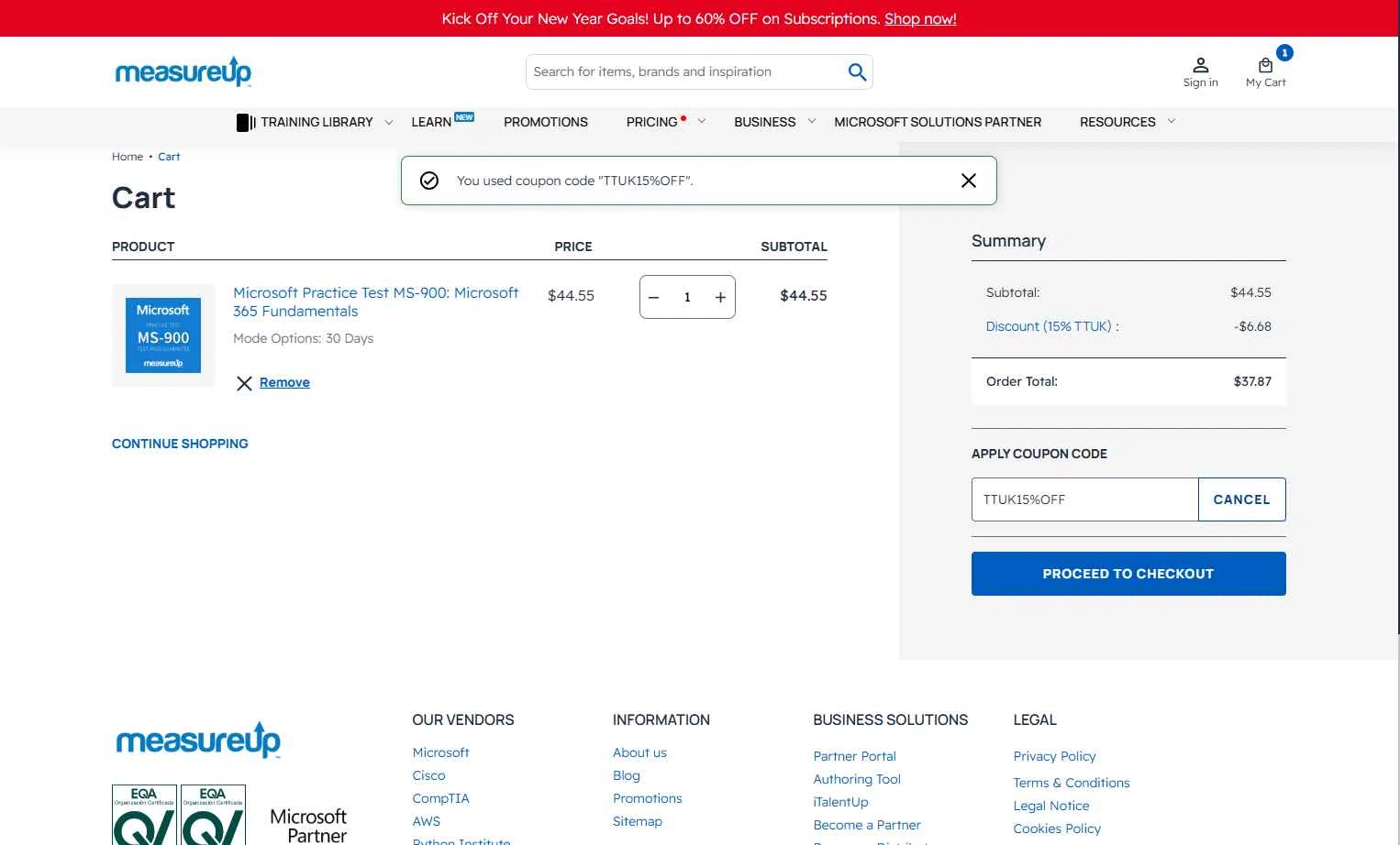 MeasureUp checkout page showing MeasureUp coupon code box | Screenshot taken by SimplyCodes community member on Dec 12, 2025